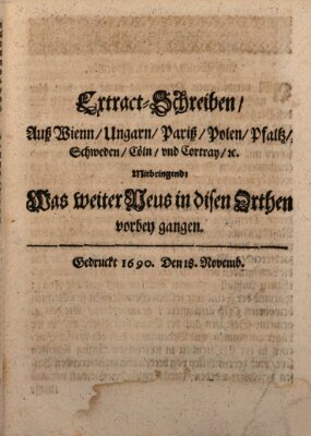 Mercurii Relation, oder wochentliche Reichs Ordinari Zeitungen, von underschidlichen Orthen (Süddeutsche Presse) Samstag 18. November 1690