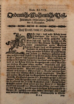 Ordentliche wochentliche Post-Zeitungen Samstag 18. November 1690
