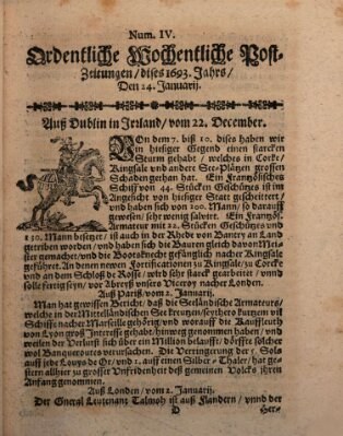 Ordentliche wochentliche Post-Zeitungen Samstag 24. Januar 1693