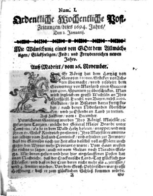 Ordentliche wochentliche Post-Zeitungen Samstag 2. Januar 1694
