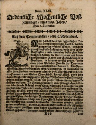 Ordentliche wochentliche Post-Zeitungen Samstag 5. Dezember 1699