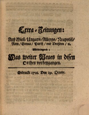 Mercurii Relation, oder wochentliche Ordinari Zeitungen von underschidlichen Orthen (Süddeutsche Presse) Samstag 29. Oktober 1701