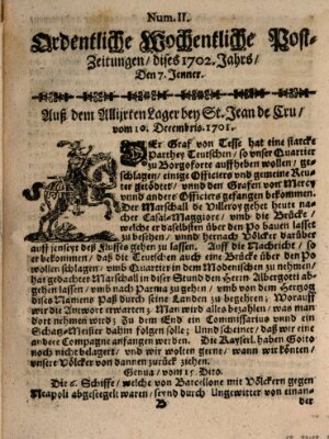 Ordentliche wochentliche Post-Zeitungen Samstag 7. Januar 1702