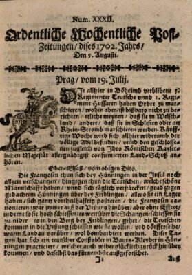 Ordentliche wochentliche Post-Zeitungen Samstag 5. August 1702