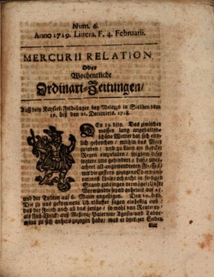 Mercurii Relation, oder wochentliche Ordinari Zeitungen von underschidlichen Orthen (Süddeutsche Presse) Samstag 4. Februar 1719