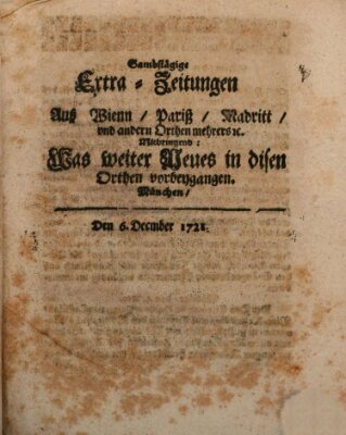 Mercurii Relation, oder wochentliche Ordinari Zeitungen von underschidlichen Orthen (Süddeutsche Presse) Samstag 6. Dezember 1721
