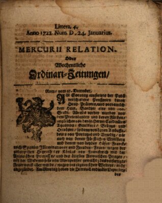 Mercurii Relation, oder wochentliche Ordinari Zeitungen von underschidlichen Orthen (Süddeutsche Presse) Samstag 24. Januar 1722