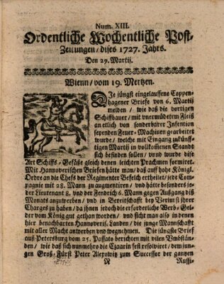 Ordentliche wochentliche Post-Zeitungen Samstag 29. März 1727