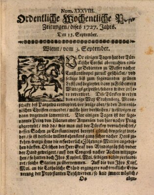 Ordentliche wochentliche Post-Zeitungen Samstag 13. September 1727