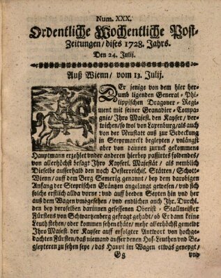 Ordentliche wochentliche Post-Zeitungen Samstag 24. Juli 1728