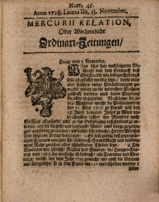 Mercurii Relation, oder wochentliche Ordinari Zeitungen von underschidlichen Orthen (Süddeutsche Presse) Samstag 13. November 1728