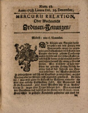 Mercurii Relation, oder wochentliche Ordinari Zeitungen von underschidlichen Orthen (Süddeutsche Presse) Samstag 25. Dezember 1728