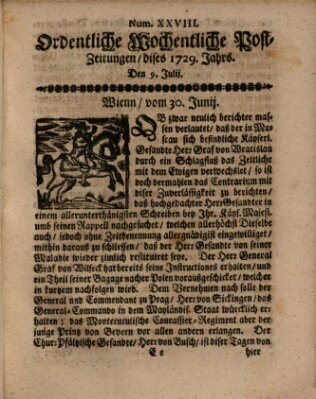 Ordentliche wochentliche Post-Zeitungen Samstag 9. Juli 1729