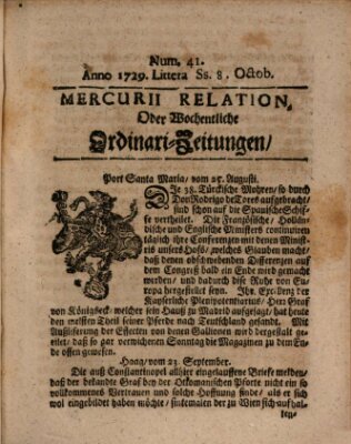 Mercurii Relation, oder wochentliche Ordinari Zeitungen von underschidlichen Orthen (Süddeutsche Presse) Samstag 8. Oktober 1729
