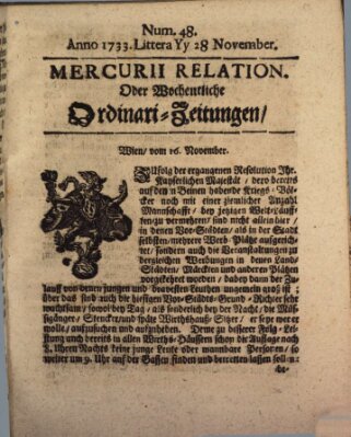 Mercurii Relation, oder wochentliche Ordinari Zeitungen von underschidlichen Orthen (Süddeutsche Presse) Samstag 28. November 1733