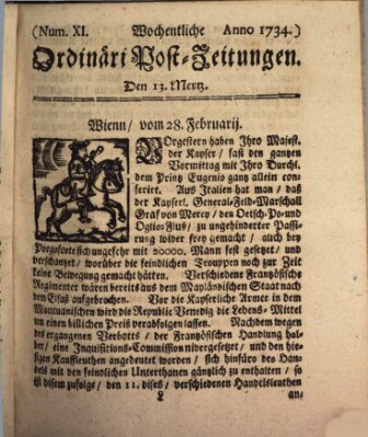 Wochentliche Ordinari Post-Zeitungen (Ordentliche wochentliche Post-Zeitungen) Samstag 13. März 1734