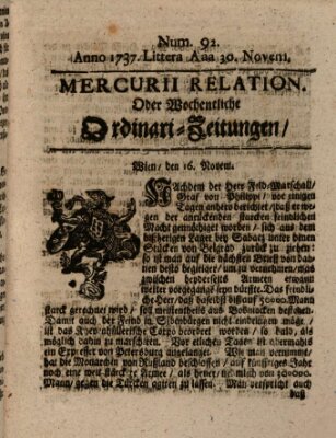 Mercurii Relation, oder wochentliche Ordinari Zeitungen von underschidlichen Orthen (Süddeutsche Presse) Samstag 30. November 1737