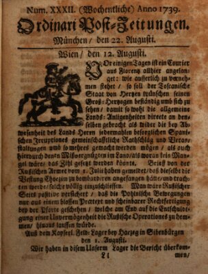 Wochentliche Ordinari Post-Zeitungen (Ordentliche wochentliche Post-Zeitungen) Samstag 22. August 1739