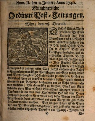 Münchnerische Ordinari Post-Zeitungen (Ordentliche wochentliche Post-Zeitungen) Samstag 9. Januar 1740