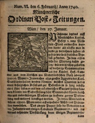 Münchnerische Ordinari Post-Zeitungen (Ordentliche wochentliche Post-Zeitungen) Samstag 6. Februar 1740