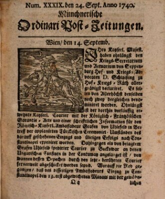 Münchnerische Ordinari Post-Zeitungen (Ordentliche wochentliche Post-Zeitungen) Samstag 24. September 1740