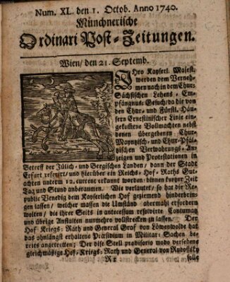 Münchnerische Ordinari Post-Zeitungen (Ordentliche wochentliche Post-Zeitungen) Samstag 1. Oktober 1740