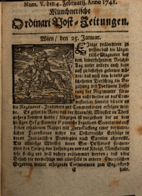 Münchnerische Ordinari Post-Zeitungen (Ordentliche wochentliche Post-Zeitungen) Samstag 4. Februar 1741