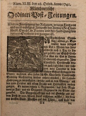 Münchnerische Ordinari Post-Zeitungen (Ordentliche wochentliche Post-Zeitungen) Samstag 28. Oktober 1741