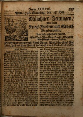 Münchner-Zeitungen, von denen Kriegs-, Friedens- und Staatsbegebenheiten, inn- und ausser Landes (Süddeutsche Presse) Samstag 28. Dezember 1748