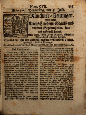 Münchner-Zeitungen, von denen Kriegs-, Friedens- und Staatsbegebenheiten, inn- und ausser Landes (Süddeutsche Presse) Donnerstag 5. Juli 1753