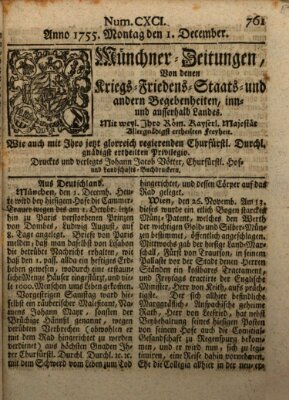 Münchner-Zeitungen, von denen Kriegs-, Friedens- und Staatsbegebenheiten, inn- und ausser Landes (Süddeutsche Presse) Montag 1. Dezember 1755