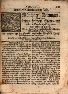 Münchner-Zeitungen, von denen Kriegs-, Friedens- und Staatsbegebenheiten, inn- und ausser Landes (Süddeutsche Presse) Freitag 8. Juli 1757
