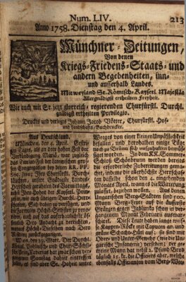Münchner-Zeitungen, von denen Kriegs-, Friedens- und Staatsbegebenheiten, inn- und ausser Landes (Süddeutsche Presse) Dienstag 4. April 1758