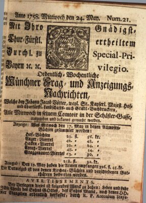 Münchner-Zeitungen, von denen Kriegs-, Friedens- und Staatsbegebenheiten, inn- und ausser Landes (Süddeutsche Presse) Mittwoch 24. Mai 1758