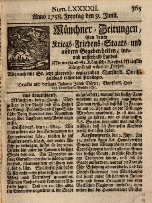 Münchner-Zeitungen, von denen Kriegs-, Friedens- und Staatsbegebenheiten, inn- und ausser Landes (Süddeutsche Presse) Freitag 9. Juni 1758