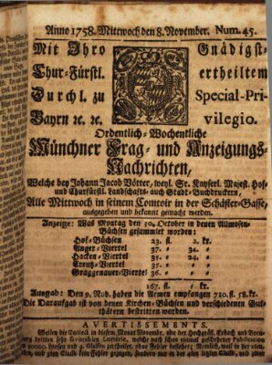 Münchner-Zeitungen, von denen Kriegs-, Friedens- und Staatsbegebenheiten, inn- und ausser Landes (Süddeutsche Presse) Mittwoch 8. November 1758