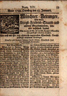 Münchner-Zeitungen, von denen Kriegs-, Friedens- und Staatsbegebenheiten, inn- und ausser Landes (Süddeutsche Presse) Dienstag 23. Januar 1759