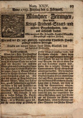 Münchner-Zeitungen, von denen Kriegs-, Friedens- und Staatsbegebenheiten, inn- und ausser Landes (Süddeutsche Presse) Freitag 9. Februar 1759