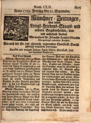 Münchner-Zeitungen, von denen Kriegs-, Friedens- und Staatsbegebenheiten, inn- und ausser Landes (Süddeutsche Presse) Freitag 21. September 1759