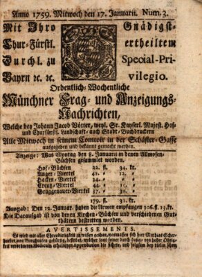 Münchner-Zeitungen, von denen Kriegs-, Friedens- und Staatsbegebenheiten, inn- und ausser Landes (Süddeutsche Presse) Mittwoch 17. Januar 1759