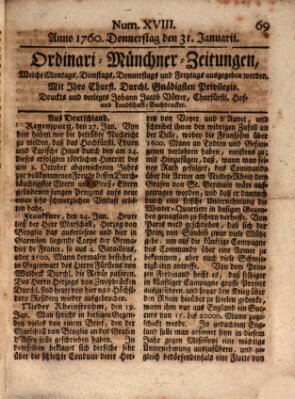 Ordinari-Münchner-Zeitungen (Süddeutsche Presse) Donnerstag 31. Januar 1760