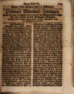 Ordinari-Münchner-Zeitungen (Süddeutsche Presse) Freitag 15. Februar 1760