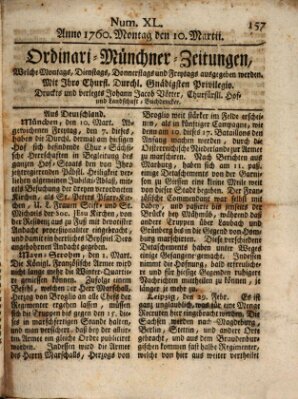 Ordinari-Münchner-Zeitungen (Süddeutsche Presse) Montag 10. März 1760