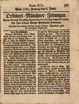 Ordinari-Münchner-Zeitungen (Süddeutsche Presse) Freitag 6. Juni 1760