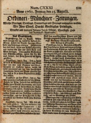 Ordinari-Münchner-Zeitungen (Süddeutsche Presse) Freitag 15. August 1760