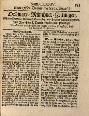 Ordinari-Münchner-Zeitungen (Süddeutsche Presse) Donnerstag 21. August 1760
