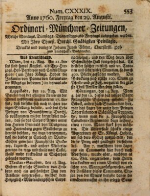 Ordinari-Münchner-Zeitungen (Süddeutsche Presse) Freitag 29. August 1760