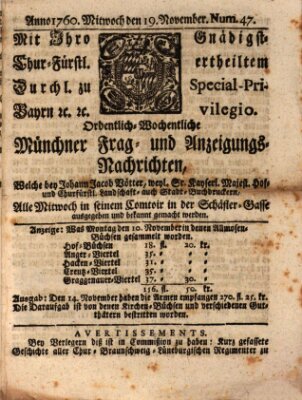 Ordinari-Münchner-Zeitungen (Süddeutsche Presse) Mittwoch 19. November 1760