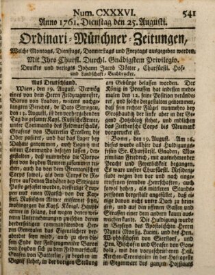 Ordinari-Münchner-Zeitungen (Süddeutsche Presse) Dienstag 25. August 1761