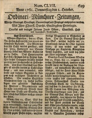 Ordinari-Münchner-Zeitungen (Süddeutsche Presse) Donnerstag 1. Oktober 1761